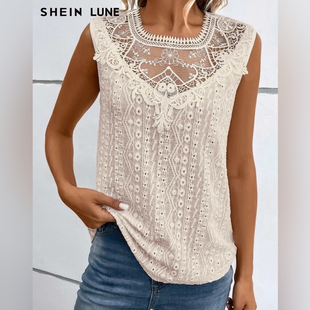 ☀️SHEIN Lace Detail Sleeveless Blouse - Cream - Picture 6 of 9